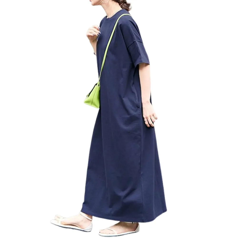 ワンピース レディース マキシワンピース ロング Tシャツワンピ 夏 大きいサイズ 半袖 カットソー 体型カバー ゆったり 無地 通勤 カジュアル | 両サイドにポケットが付い 大人 シンプル 楽ちん 着回し おしゃれ お出かけ