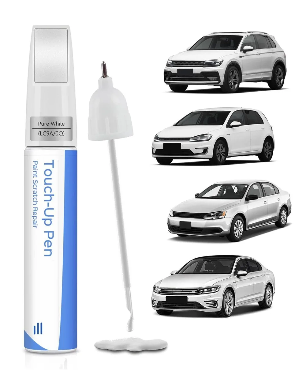 Compatible with VW (Volkswagen) LC9A/0Q Pure White 2-in-1 Pen & Brush Completely Precise Color Matching Touch Up Pen Perfectly Repairs Scratches and Scratches