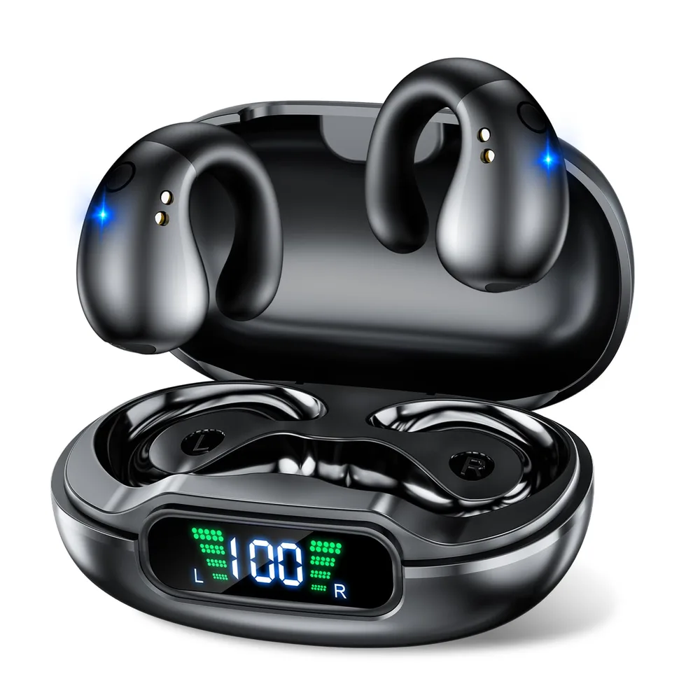 イヤホン bluetooth 【イヤーカフ感覚でおしゃれ+最大35時間使用可能】Open Wearable Stereo 耳を塞がない オープンイヤー ワイヤレスイヤホン 空気伝導 骨伝導風 耳挟み式 超軽量5g 快適装着 誤操作防止 LEDディスプレイ Type-C急速充電 瞬時接続 新幹線出勤・通学通勤・運動・外出・スポーツ用・WEB会議・ゲーム・音楽用 iOS/Android対応 黒 | 空気伝導 骨伝導風 耳挟み式 超軽量5g 快適装着 誤操作防止 LEDディスプレイ Type-C急速充電 瞬時接続 新幹線出勤・通学通勤・運動・外出・スポーツ用・WEB会議・ゲーム・音楽用 iOS/Android対応