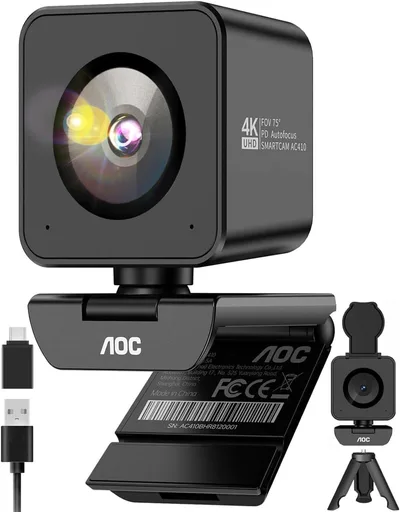 AOC Webカメラ 4K 1200万画素 三脚付き 1080P/60fps対応 SONY IMX363センサー搭載 PDAF高速オートフォーカス F1.8大口径 75°視野角 ノイズ低減マイク内蔵 プライバシーカバー付き USB ウェブカメラ Zoom/Teams/Skype/Google Meet/動画配信/WEB会議対応 AC410 ブラック 【国内正規品】