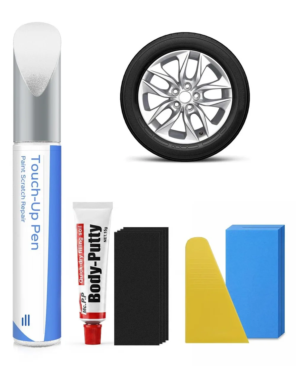 Silver wheel repair set, touch-up pen with repair putty, compatible with Toyota wheels | Scratch repair, dent repair, quick-drying waterproof, long-term durability