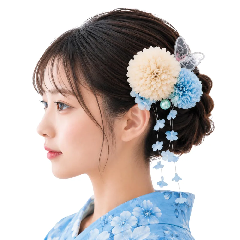 【日本企業】浴衣用髪飾り 5点セット レディース 簡単着脱 蝶 花 夏祭り 成人式 卒業式 着物 ピンク ブルー イエロー パープル 和装 簡単着脱 かんざし ヘアアクセサリー (ブルー)