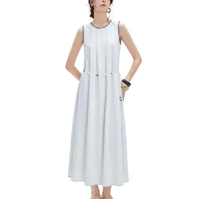 ELLE ผู้หญิงคอกลมสีฟ้าสีผสมแขนกุดความยาว Midi Beaded Drawcord สไตล์รีสอร์ทฤดูร้อน Elegant การเดินทาง Elegant Linen Blend Long Lined สวยสบายๆฤดูใบไม้ผลิฤดูร้อน EL65393