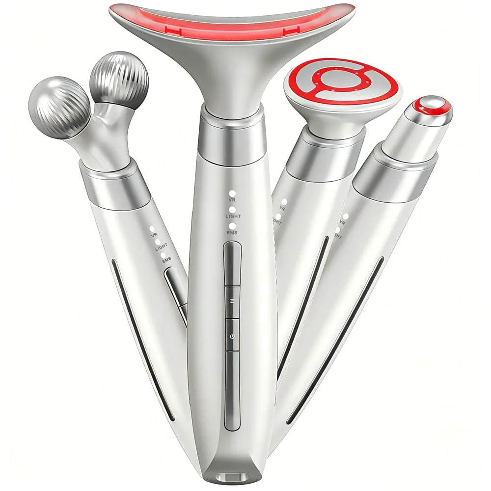 多機能美顔器 4in1 EMS美顔器 顔&首&目元ケア フェイスマッサージ 温熱 振動 2段階振動 3モード 交換ヘッド付き ローラー付き 微弱EMS フェイスライン たるみケア 引き締め USB充電式 軽量