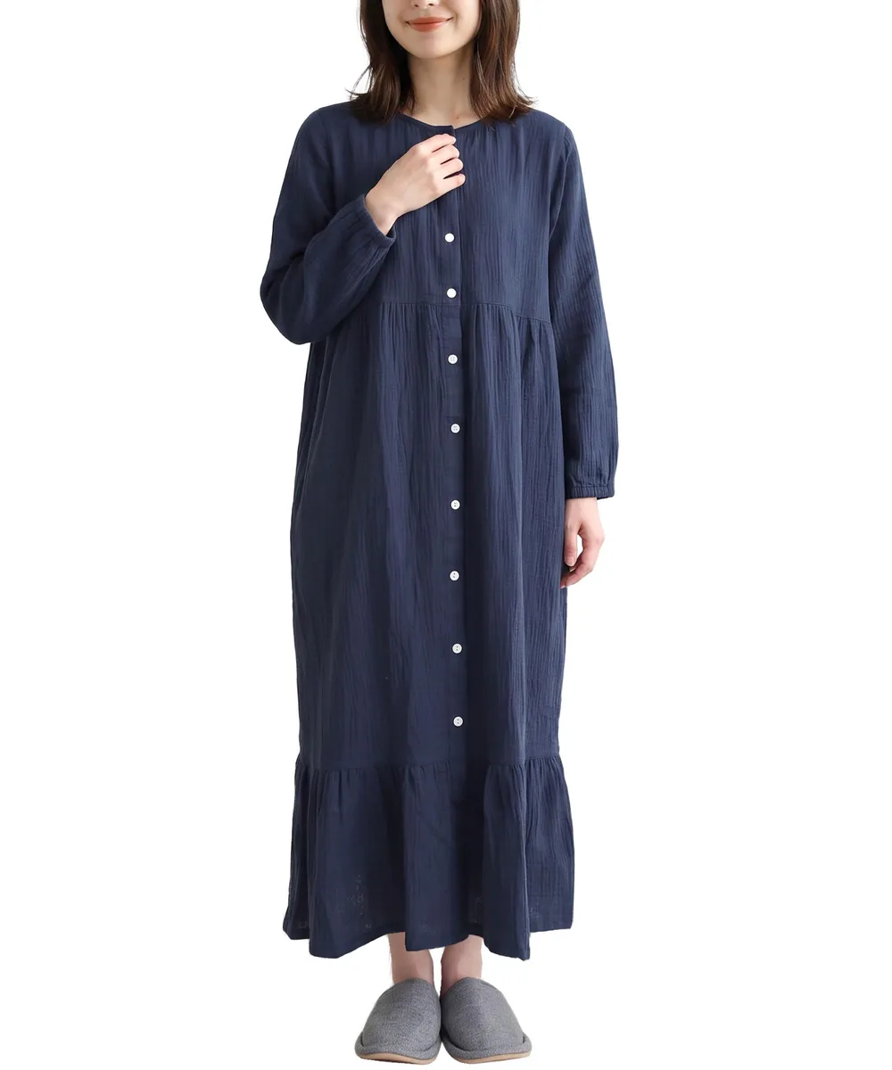Maternity Pajamas, Long Sleeves, One Piece, 100% Cotton, Double Gauze, Open Front, Suitable for Breastfeeding, Extra Long Length, Nightgown, Spring, Autumn, Skin-friendly