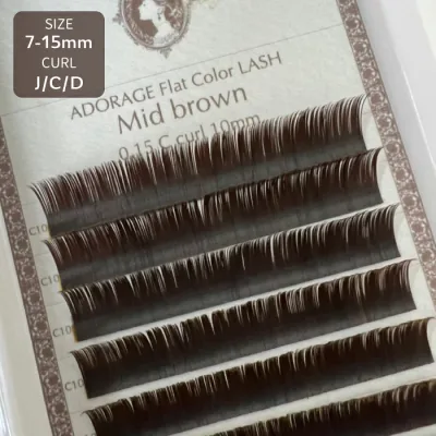 まつげエクステ カラーフラット ADORAGE 12列【ミッドブラウン 0.15mm/Jカール/Cカール/Dカール】長さ 7~15mm フラットラッシュ フラットスプリット カラーエクステ マツエク アンバーラッシュ ブラウン 茶色