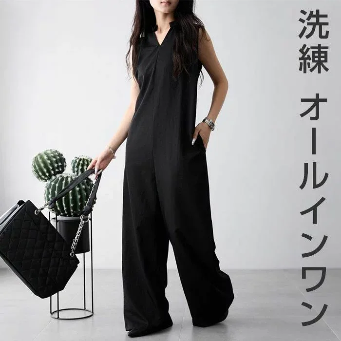 キーネック オールインワン レディース ボトムス ロング ワイド サロペット オーバーオール パンツ ワイドパンツ サロペ ズボン 体型カバー 太ももカバー ゆったり 楽ちん ポケット ノースリーブ きれいめ セレモニー オフィス カジュアル 秋冬 秋 冬 2026 寒さ対策 防寒