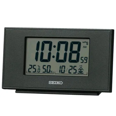 セイコークロック(Seiko Clock) 置き時計 黒メタリック 本体サイズ:7.8×13.5×3.8cm 目覚まし時計 電波 デジタル カレンダー 温度 湿度 表示 SQ790K