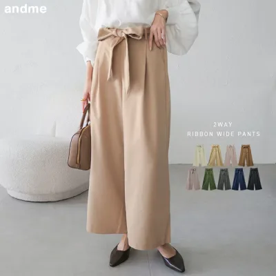 タック ワイド パンツ レディース ボトム ワイドパンツ ロングパンツ ズボン ウエストゴム 体型カバー 太ももカバー ゆったり 楽ちん ハイウエスト ポケット リボン 2way ツイル セレモニー きれいめ オフィス カジュアル S M L XL XXL 大きいサイズ 春夏 秋冬 春 夏 秋 冬