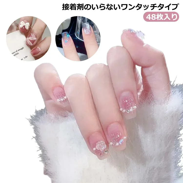 ネイルチップ ロング デザイン ネイルチップ ロング ポイント 48枚入り 2セット グラデーション フレンチネイル 24爪付け 1秒簡単貼れる 両面テープ付き 繰り返す利用可能 ジェルネイル ネイルシール 時短 時短ネイル 付け爪 送料無料