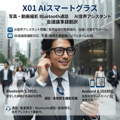 X01 AIスマートグラス スマートグラス カメラ付きメガネ 写真撮影 動画撮影 Bluetooth通話 音楽再生 AI音声アシスタント 音声操作 翻訳 会議要約 オープンイヤー Android iOS 調光レンズ 偏光レンズ サングラス 男女兼用 スマートメガネ カメラ付き 8MP動画録画 通話応答