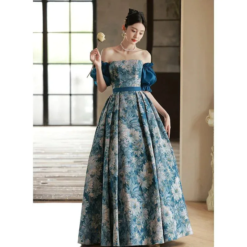 結婚式ドレス ロングドレス XS オフショルダー XXXL パーティードレス M 二次会ドレス 発表会ドレス XXL XL オシャレ プリント花柄 イブニングドレス L S ブルー 高級感 オフショル 演奏会ドレス キレイめ 花柄 送料無料