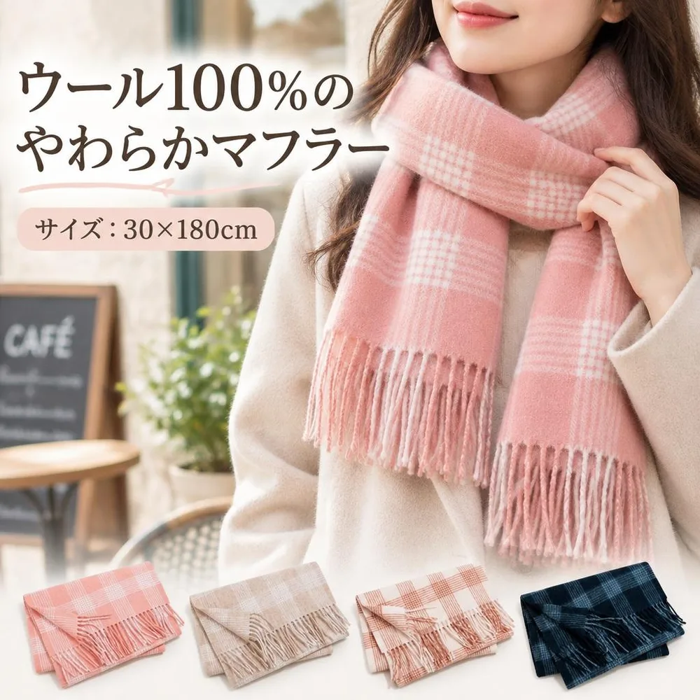 ウール100% マフラー レディース チェック柄 フリンジ付き 30×180cm 秋冬 首元あったか やわらかな風合い ピンク ベージュ アイボリー×レッド ネイビー 全4色