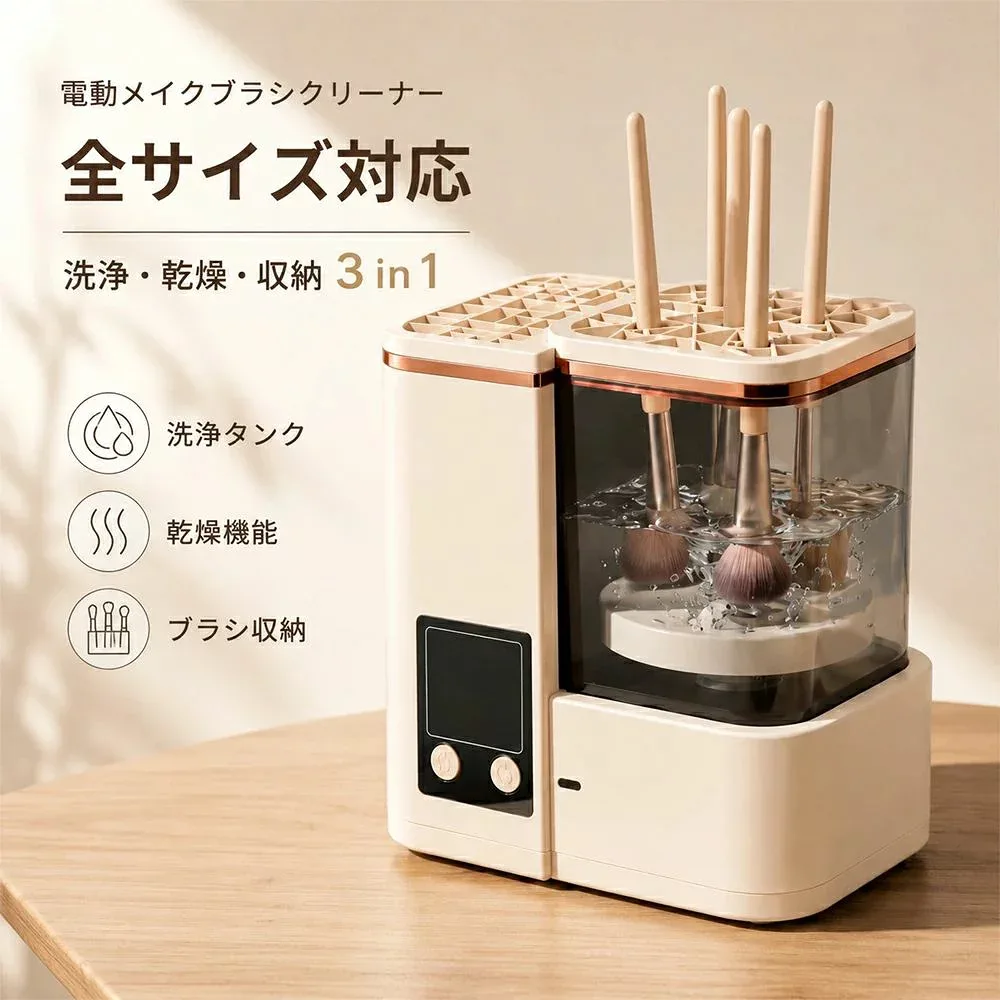【2026新モデル】電動メイクブラシクリーナー 自動洗浄 乾燥ホルダー付き 化粧ブラシ洗浄機 全サイズ対応 メイクブラシクリーナー ブラシ乾燥 メイク用品 清潔ケア 化粧台収納 コスメ用品