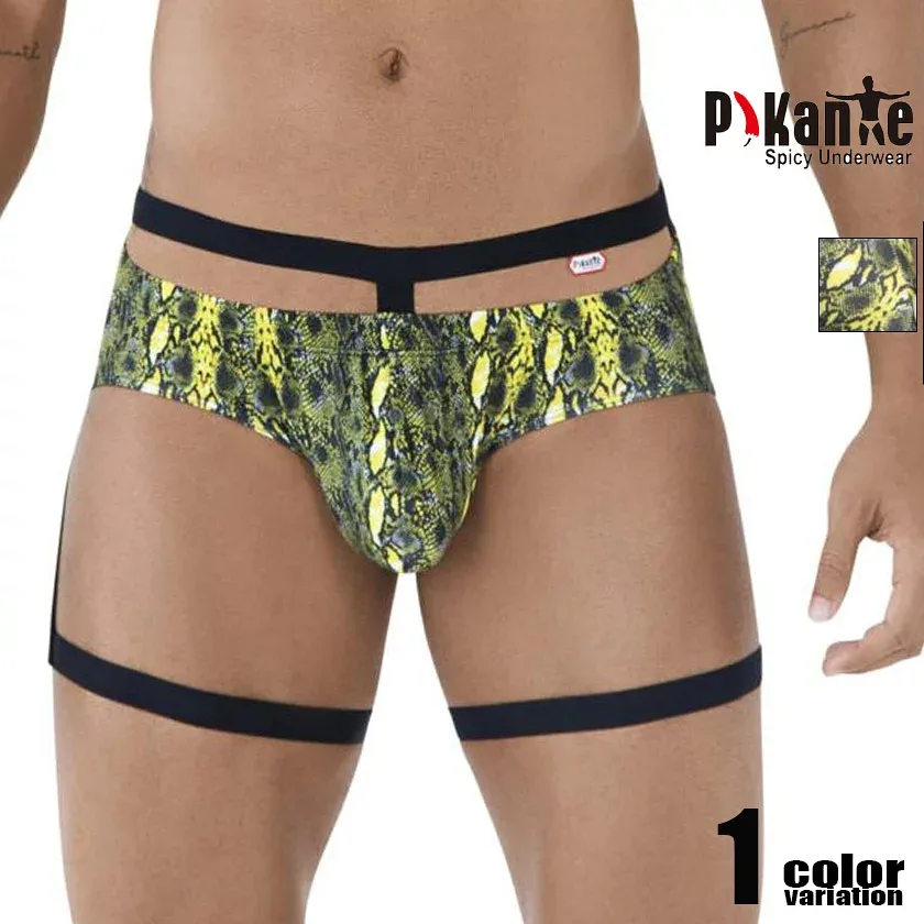 メンズビキニ ブリーフ Pikante/ピカンテ Neon Briefs ガーターベルト付き 立体縫製 総柄 フルバックメンズビキニ ビキニブリーフ 男性下着 メンズ パンツ セクシー
