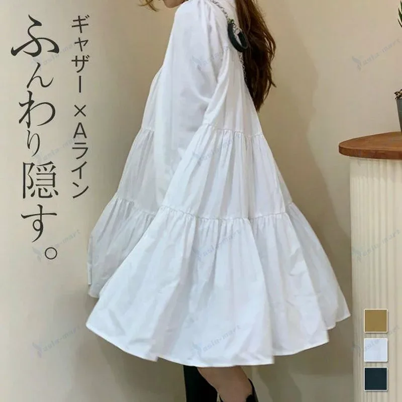 ティアード チュニック ブラウス ぽわん袖 レディース トップス パフスリーブ 体型カバー ゆったり 楽ちん ボリューム袖 ミドル丈 Aライン キーネック ギャザー きれいめ カジュアル マタニティ 春服 春夏 秋冬 春 夏 秋