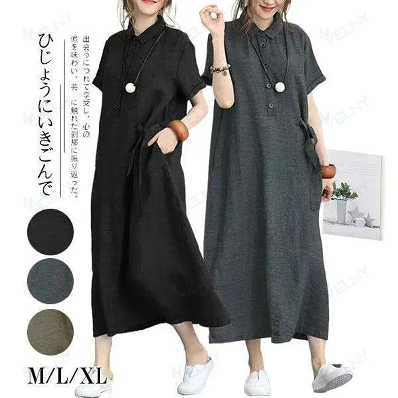ワンピース レディース ゆるワンピース 夏 ゆったり リネン 綿麻 半袖ワンピース 吸汗速乾 体型カバー 着痩せ 大きいサイズ 涼しい ロング丈