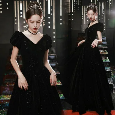 Vネック お呼ばれドレス XS ブラック バックリボン ロングドレス オフショルダー XL オシャレ 結婚式ドレス ベロア 発表会ドレス S XXL 二次会ドレス パフスリーブ L XXXL 全6色 イブニングドレス M 黒 パーティードレス キレイめ ベルベット キラキラ 送料無料 6タイプ