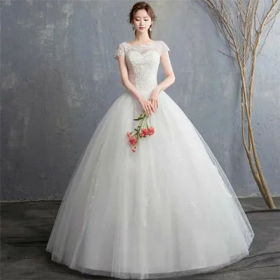 白 Aライン 韓国風 結婚式 海外挙式 ウェディングドレス ロングドレス 演奏会 エレガント 前撮り 二次会 フォトウェディング 発表会 上品 レース 袖あり ホワイト 花嫁ドレス 披露宴 大きいサイズ ハイウエスト パーティードレス
