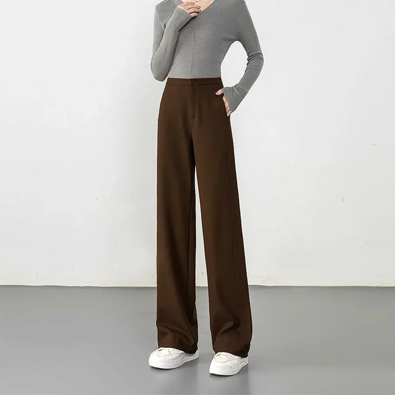 レディース ワイドパンツ 高腰 直筒 垂感 秋季 通勤 気質 スタイル レイヨン 混 羊毛 ミックス 微弾性 長丈 クラシック 加工 赤 グレー 紺 黒 米色 茶 紫