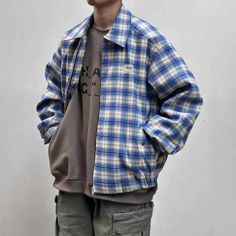 ジャケット メンズ レディース 襟付き 襟 アウター コーチジャケット ブルゾン 上着 ジャンパー 長そで 長袖 チェック チェック柄 ブルー 青 アメリカン レトロ ヴィンテージ風 ストリート系 カジュアル 通気性 耐摩耗 耐久性 普段使い 街着 春