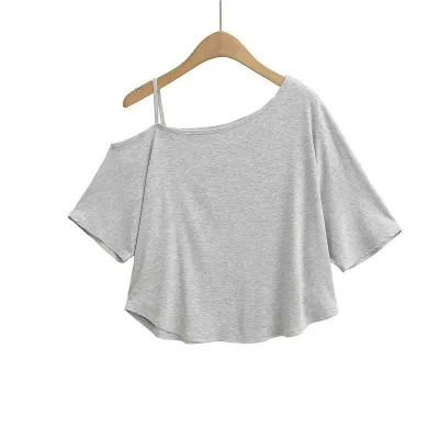 Tシャツ レディース 露肩 Vネック 短袖 トップス 綿 スパンデックス 混合 素材 純色 デザイン 斜め襟 気質 通勤 スタイル セクシー 夏 黒 白 杏 グレー 系 色 ゆったり シルエット 日常 使い 軽やか 肌触り 快適 コーディネート