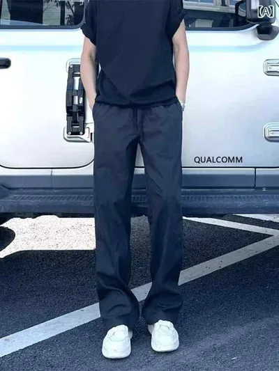 カジュアルパンツ メンズ ズボン ボトムス ロングパンツ アメリカン ヴィンテージ風 レトロ ゆったり ストレート ワイドパンツ イージーパンツ ウエスト紐 無地 青春流行 青少年 通学 日常 普段使い ブラック カキ