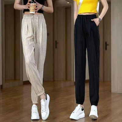 カジュアルパンツ レディース サルエルパンツ テーパードパンツ ボトムス ロングパンツ 9分丈 ハイウエスト 切り替え 薄手 涼しい 無地 伸縮性 ウエストゴム 通勤 オフィス きれいめ 杏 灰 黒
