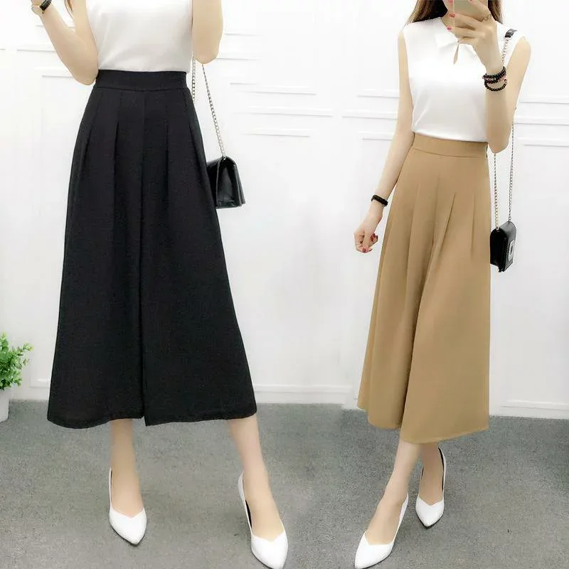 ワイドパンツ レディース ガウチョパンツ 九分丈 綿 麻 シフォン 春秋 ハイウエスト 薄手 ウエストゴム ボトムス ルームウェア カジュアル 部屋着 普段使い オフィスカジュアル カーキ 黒 グレー