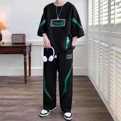 メンズ 短袖 Tシャツ セット 長ズボン 黒 白 薄手 涤纶 混紡 素材 ゆったり 大きいサイズ 夏 休闲 スポーツ 普段使い 青春 ポップ スタイル 18-24歳 向け 通気性 快適 フィット