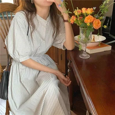 ワンピース レディース 春夏 膝丈 半袖 ストライプシャツワンピース 襟付き Aライン ハイウエスト チュニック 細見え カジュアル フェミニン ボタン レトロ フレンチスタイル 韓国風 通学 通勤 旅行 普段使い 旅行 デート