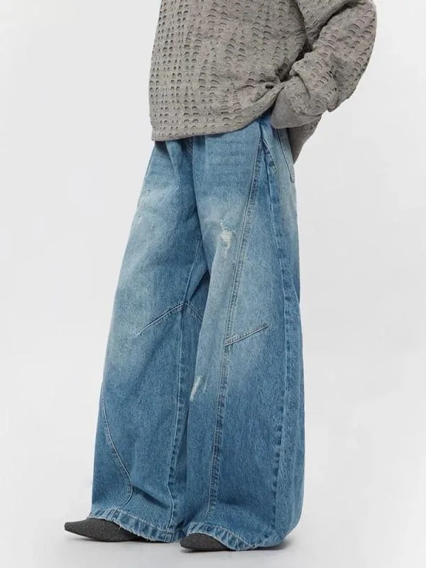 ジーンズ メンズ レディース ユニセックス デニム パンツ ジーパン ダメージジーンズ ワイドパンツ ルーズフィット ストレート クラッシュ ダメージ加工 ボトムス ズボン 美脚 美シルエット カジュアル ストリート