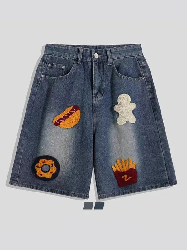 ハーフパンツ メンズ 五分丈 デニム パンツ ジーンズ 短パン ショーツ ジーパン ボトムス ズボン ストリート タオル刺繍 刺繍 アメリカン カジュアル ルーズ ワイド ゆるめ ゆったり 太め 快適 通気性 ライトブルー