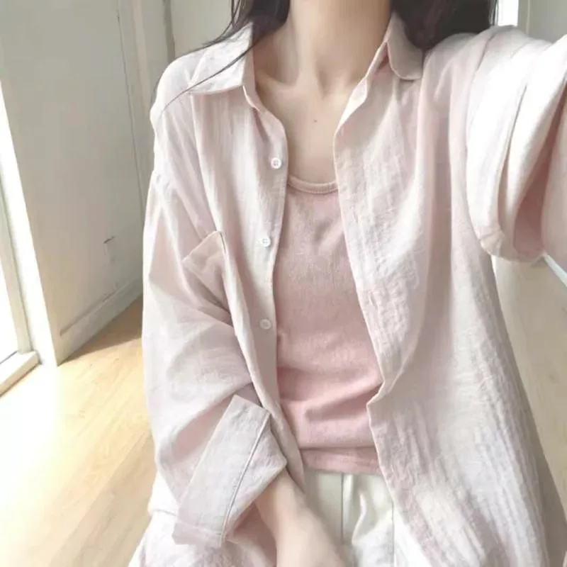 レディース 防紫外線 長袖 シャツ 外套 夏服 ゆったり トップス オープンカラー シャツ 七分袖 ミントグリーン 緑 ピンク 白色 ポリエステル スパンデックス 接触冷感 生地 バットスリーブ ポロカラ ゆったり シルエット 普通丈 50-65cm 春
