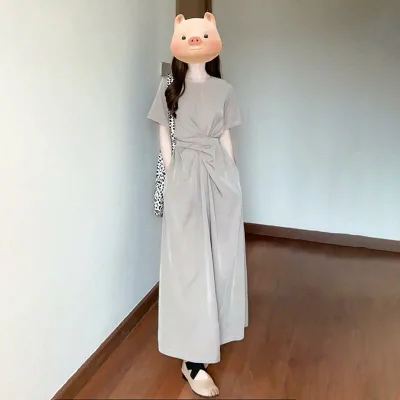 ワンピース レディース 半袖 ロング丈 フレンチ スタイル 絞り デザイン リボン グレー 絞りウエスト ギャザー 上品 きれいめ 大人 かわいい お呼ばれ デート お出かけ カジュアル