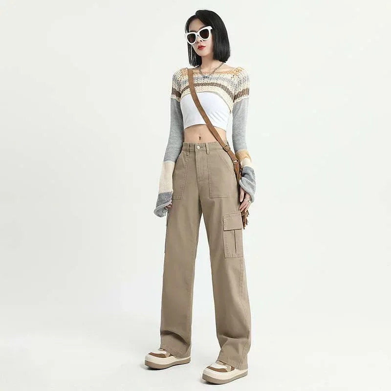 デニムパンツ レディース 秋物 ハイウエスト ストレート ワイドパンツ カーゴパンツ ゆったり 脚長効果 アメリカン ヴィンテージ風 カジュアルパンツ 普段着 通学用 通勤用 美脚
