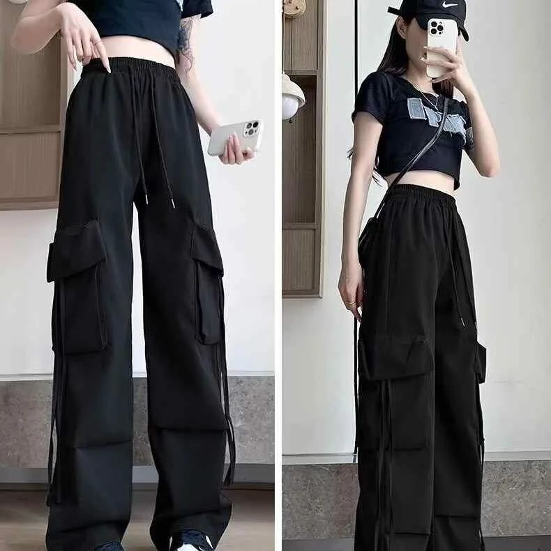 カーゴパンツ レディース 夏 薄手 ワイドパンツ ストレート パンツ ワークパンツ ストリート アメカジ リボン ポケット ゆったり おしゃれ リラックス 体型カバー カジュアル ダンス衣装