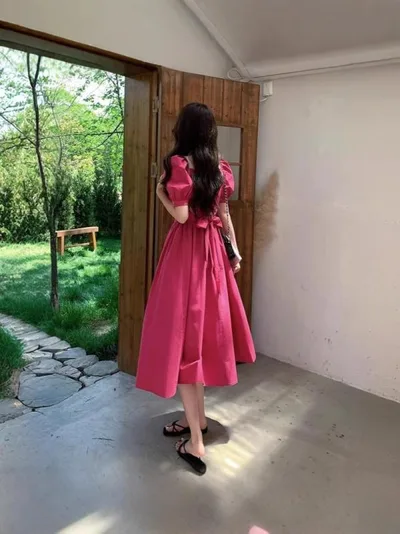 Dress, Women's, Spring/Summer, Square Neck, French Sleeves, Gathered Ribbon, A-line Puff Sleeves, Short Sleeves, Long Length, Maxi Length, High Waist, Slender Look, Slimming Effect, Body Coverage, Invitations, Date, Feminine, Elegant, Beautiful, Rose Pink