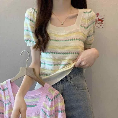 Tシャツ カットソー トップス レディース 半袖 夏 サマー ボーダー ストライプ 花柄 小花柄 チュニック プルオーバー クルーネック ラウンドネック 伸縮性 ストレッチ ニットソー 薄手 着痩せ 細見え スタイルアップ カジュアル フェミニン デイリー 普段使