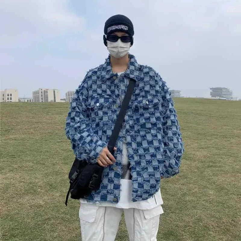 ジャケット メンズ デニムジャケット アウター フリンジ チェッカーフラッグ 市松模様 トップス 春秋 長袖 ルーズ ゆったり ワークジャケット アメカジ ストリート カジュアル おしゃれ 羽織り 上着