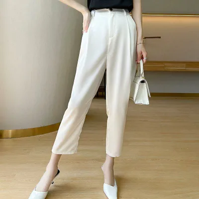 パンツ レディース クロップドパンツ サテン シルクタッチ テーパードパンツ サルエルパンツ ペンシルパンツ スラックス ボトムス 九分丈 ハイウエスト 艶感 接触冷感 薄手 軽い オフィス 通勤 カジュアル 滑らか
