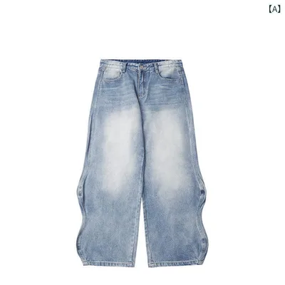 デニム パンツ ジーンズ ジーパン メンズ ゆったり ワイドパンツ ストレート ワークパンツ ボトムス ロング丈 ウォッシュ加工 褪せ色 ヴィンテージ風 カジュアル ストリート 普段使い 旅行 お出かけ 春 夏 秋 冬 ブルー