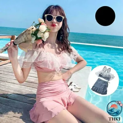 【全品2点で5%OFF】バンドゥ 夏 2 点セット パレオ 水着セット 韓国風 小胸 ビキニ 水着 大きいサイズ リゾート パッド付き バンドゥ 体型カバー 日焼け防止 20 代 30 代