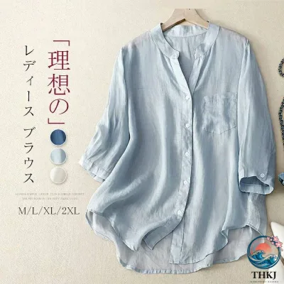 【全品2点で5%OFF】シャツ ブラウス シャツブラウス 七分袖 綿麻 春 夏 トップス t シャツ 無地 レディース カットソー 体型カバー ゆったり カジュアル シンプル おしゃれ 大人 かわいい ボタン 夏服 春服