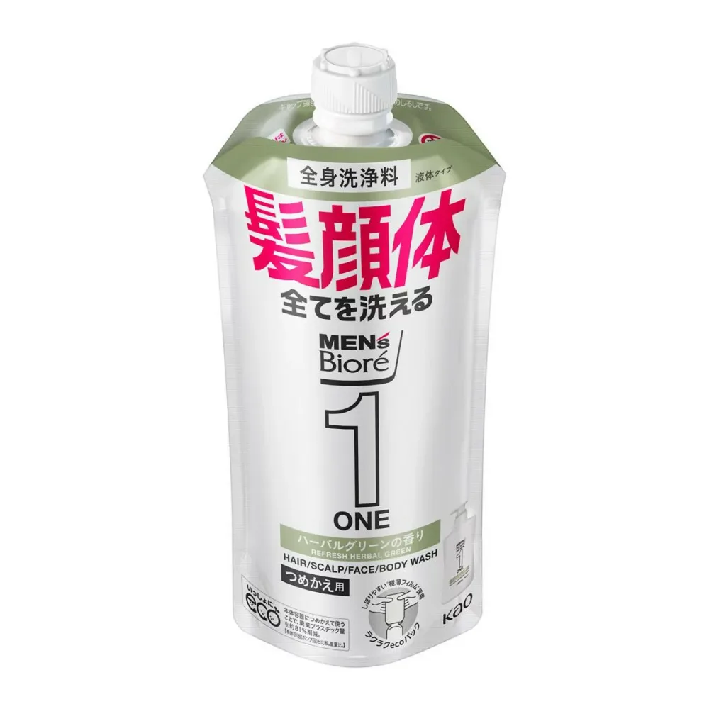 【送料込・まとめ買い×10個セット】花王 メンズビオレ ONE オールインワン全身洗浄料 ハーバルグリーンの香り つめかえ用 340ml