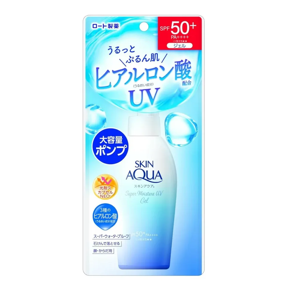 【送料込・まとめ買い×10個セット】ロート製薬 スキンアクア スーパーモイスチャーUVジェル ポンプ 140g 顔・からだ用 スーパーウォータープルーフ SPF50+ PA++++ 日焼け止め