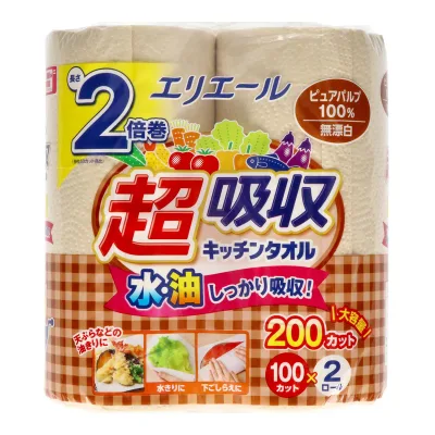【送料込・まとめ買い×8点セット】大王製紙 エリエール 2倍巻 超吸収 キッチンタオル 無漂白 100カット×2ロール