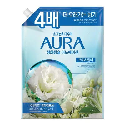 【送料込・まとめ買い×3個セット】トイレタリージャパン 香りサフロン 柔軟剤 AURA 生花カプセル フレッシュリリー つめかえ用 1700ml