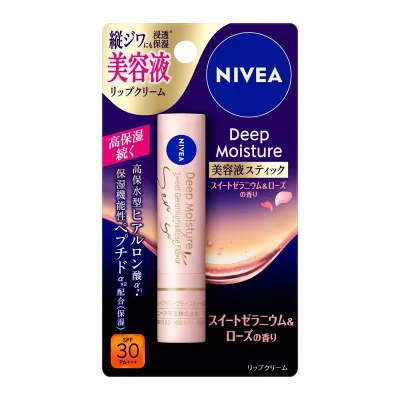 【×3個 配送おまかせ】ニベア ディープモイスチャーリップ 美容液スティック スイートゼラニウム & ローズの香り 2.2g リップクリーム 花王