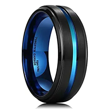 【中古】【39shop】【輸入品・未使用】King★Willメンズ8?mmブラックブラッシュ仕上げ炭化タングステンリングブルーシンBeveledステップエッジウェディングバンド(新古品)